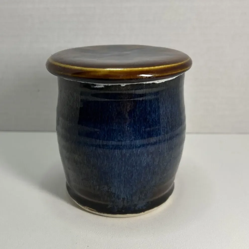 Studio Pottery Artisan French Style Butter Bell Crock Blue Drip Glaze Signed